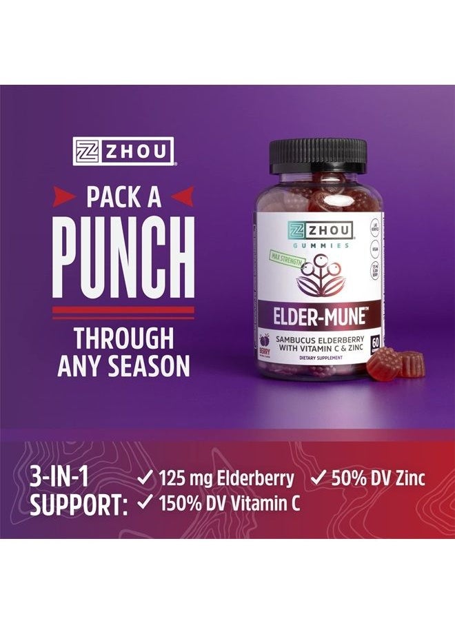 Zhou Nutrition Elder-Mune Sambucus Elderberry Gummies with Zinc and Vitamin C for Kids & Adults (Age 4+) Immune Support with Antioxidants, Vegan, Gluten Free, Non-GMO, 30 Servings, 60 Gummies  - Image 3