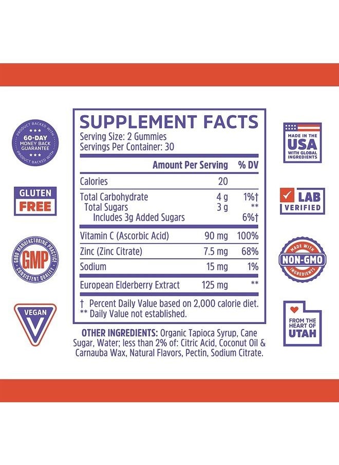 Zhou Nutrition Elder-Mune Sambucus Elderberry Gummies with Zinc and Vitamin C for Kids & Adults (Age 4+) Immune Support with Antioxidants, Vegan, Gluten Free, Non-GMO, 30 Servings, 60 Gummies  - Image 2