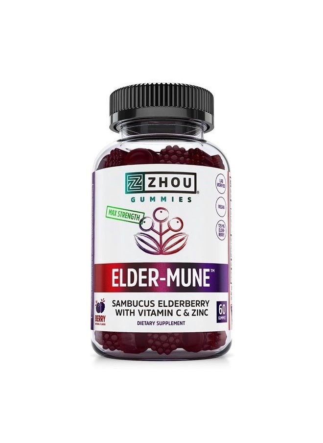 Zhou Nutrition Elder-Mune Sambucus Elderberry Gummies with Zinc and Vitamin C for Kids & Adults (Age 4+) Immune Support with Antioxidants, Vegan, Gluten Free, Non-GMO, 30 Servings, 60 Gummies  - Image 1