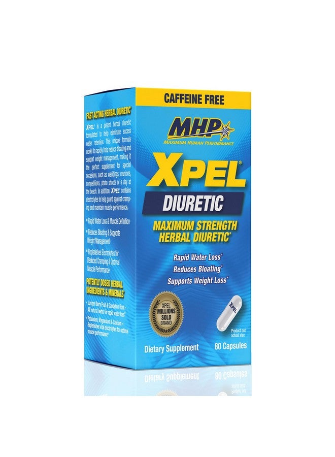 Maximum Human Performance MHP Xpel Maximum Strength Diuretic Water Pills, for Water Retention Relief, Caffeine-Free with Vitamin B-6 Potassium Dandelion Root, 80 Capsules - Image 1