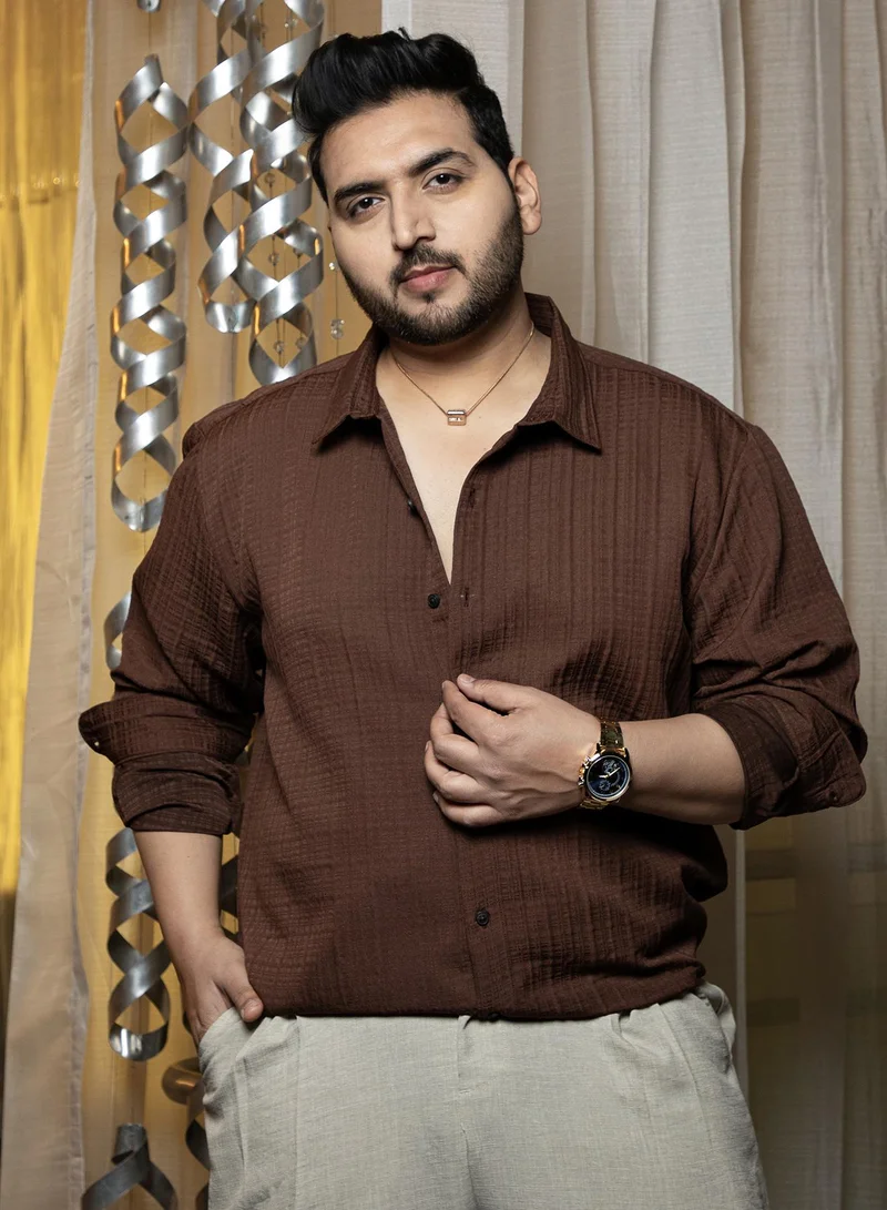Instafab Plus Instafab Plus Men's Mocha Brown Basket-Tactile Shirt For Casual Wear | Spread Collar | Long Cuffed Sleeves | Button Closure | Plus Size Shirt Crafted With Comfort Fit For Everyday Wear