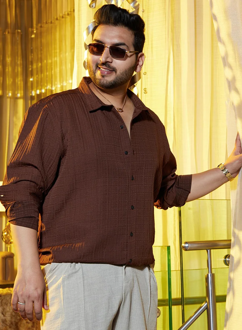 Instafab Plus Instafab Plus Men's Mocha Brown Basket-Tactile Shirt For Casual Wear | Spread Collar | Long Cuffed Sleeves | Button Closure | Plus Size Shirt Crafted With Comfort Fit For Everyday Wear