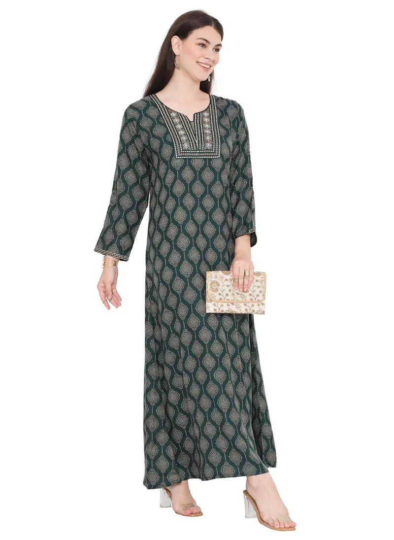 HANA & SARA ELEGANT THREAD EMBROIDERY WITH PRINTED LONG VISCOSE ARABIC KAFTAN JALABIYA DRESS