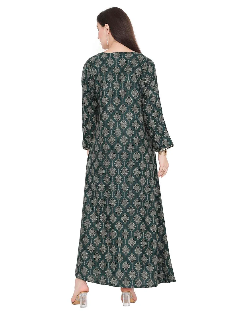 HANA & SARA ELEGANT THREAD EMBROIDERY WITH PRINTED LONG VISCOSE ARABIC KAFTAN JALABIYA DRESS