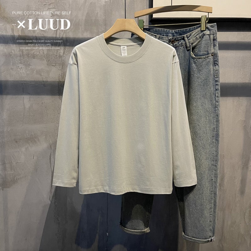 LUUD 230G combed cotton long-sleeved T-shirt men's net color top comfortable base shirt round neck pullover trendy - Image 3
