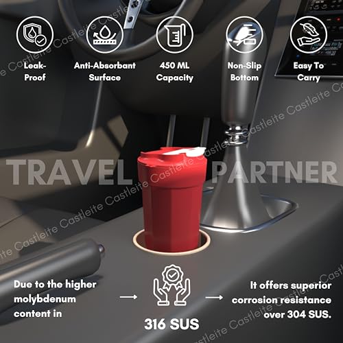 Castleite BrewCruise Travel Coffee Mug 6 & 8 Hours Hot & Cold 450ML Vacuum Insulated Stainless Steel Double Walled Sipper with Spill-Proof Flip Lid Design - Vogue Portable Companion (Towny Red) - Image 4