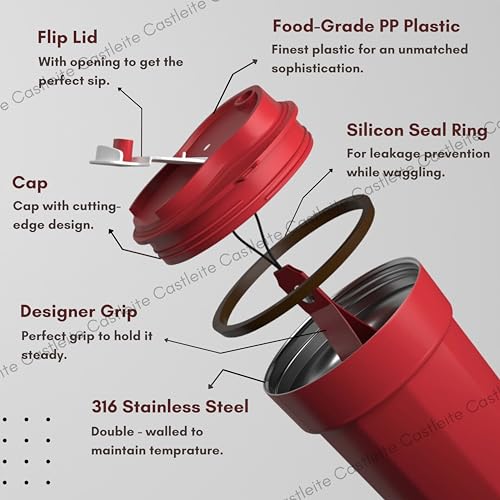 Castleite BrewCruise Travel Coffee Mug 6 & 8 Hours Hot & Cold 450ML Vacuum Insulated Stainless Steel Double Walled Sipper with Spill-Proof Flip Lid Design - Vogue Portable Companion (Towny Red) - Image 3