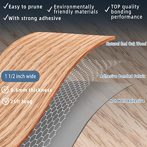 ZYJT Red Oak Edge Banding, 1 1/2 inch x 25ft Plywood Veneer Wood Edge Banding, Preglued Wood Tape Banding for Cabinet Repair - Image 2