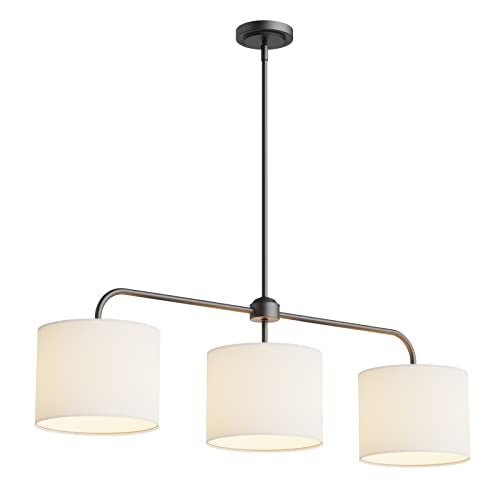 Electro bp;40" W 3-Light White Linen Drum Shade Chandelier with Black Metal Linear Pendant Light Fixture for Kitchen Island,Dining Table,E26,180W; - Image 3