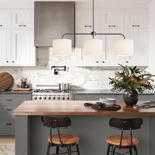 Electro bp;40" W 3-Light White Linen Drum Shade Chandelier with Black Metal Linear Pendant Light Fixture for Kitchen Island,Dining Table,E26,180W; - Image 5