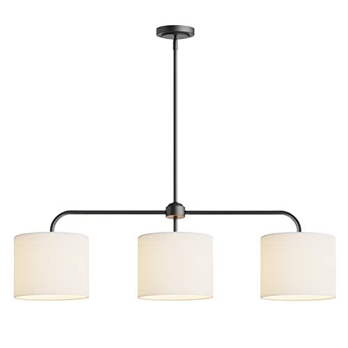 Electro bp;40" W 3-Light White Linen Drum Shade Chandelier with Black Metal Linear Pendant Light Fixture for Kitchen Island,Dining Table,E26,180W; - Image 1