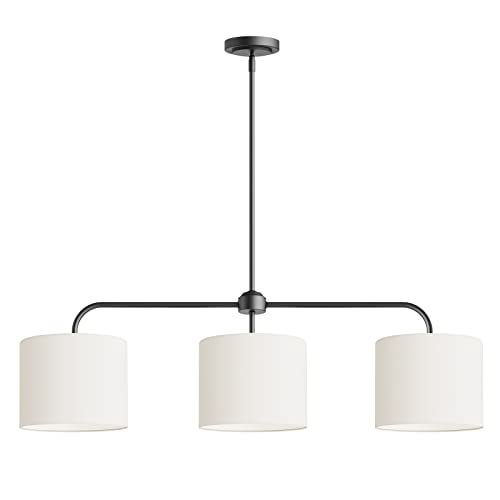 Electro bp;40" W 3-Light White Linen Drum Shade Chandelier with Black Metal Linear Pendant Light Fixture for Kitchen Island,Dining Table,E26,180W; - Image 2