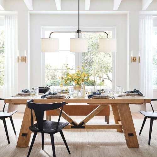 Electro bp;40" W 3-Light White Linen Drum Shade Chandelier with Black Metal Linear Pendant Light Fixture for Kitchen Island,Dining Table,E26,180W; - Image 4