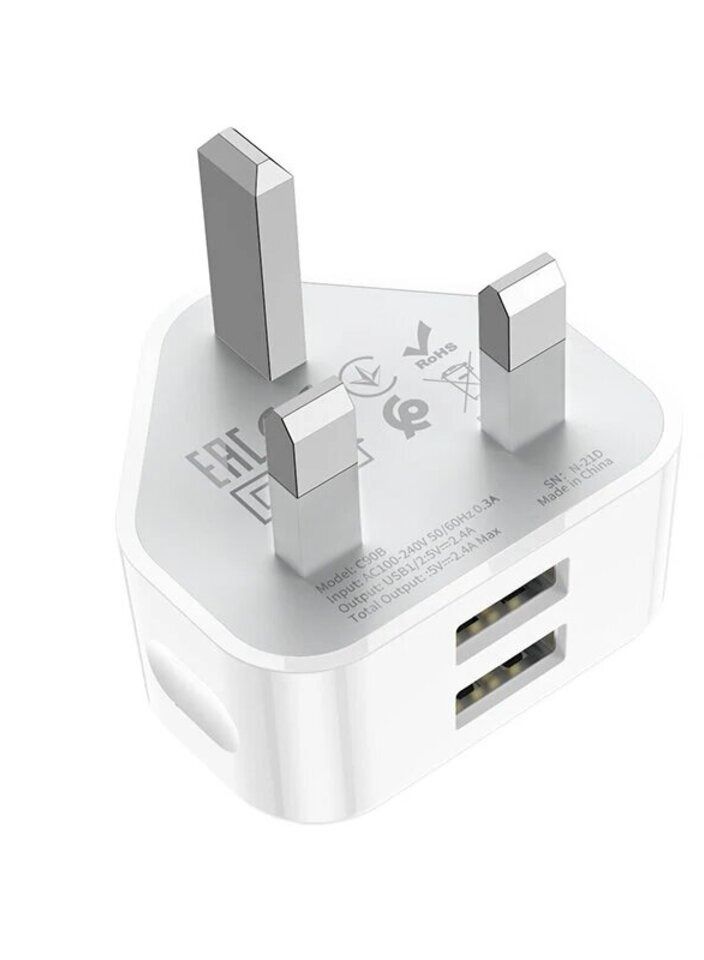 هوكو شاحن شحن سريع HOCO C90B 2.1A مزدوج USB ABS في المملكة المتحدة لهواتف Samsung Galaxy S21 Note S20 Ultra Huawei Mate40 P50 OnePlus 9 Pro - Image 1