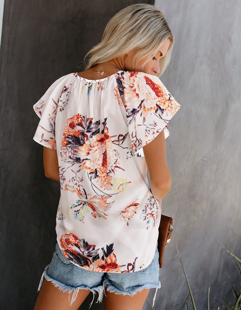 SimpleFun Boho Blouse for Women Dressy Flutter Sleeve Flower Printed V Neck Summer Tops (Floral,L) - Image 4