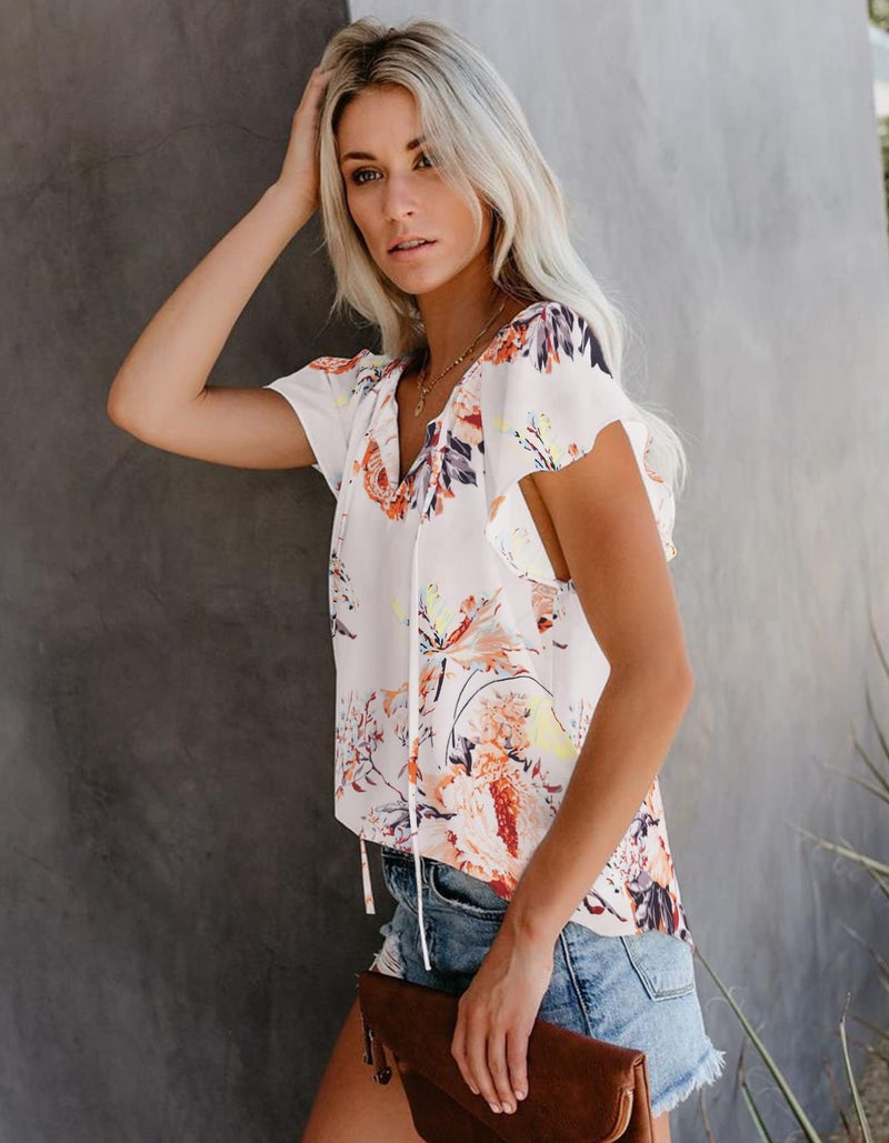SimpleFun Boho Blouse for Women Dressy Flutter Sleeve Flower Printed V Neck Summer Tops (Floral,L) - Image 3