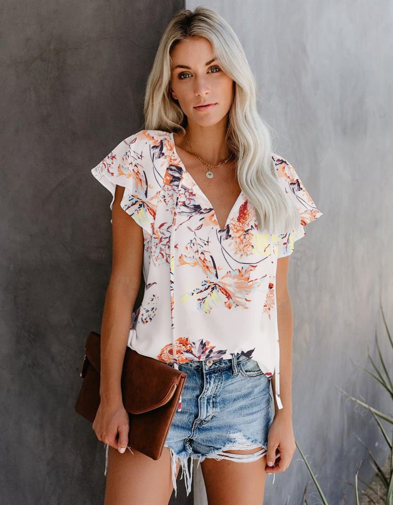 SimpleFun Boho Blouse for Women Dressy Flutter Sleeve Flower Printed V Neck Summer Tops (Floral,L) - Image 2