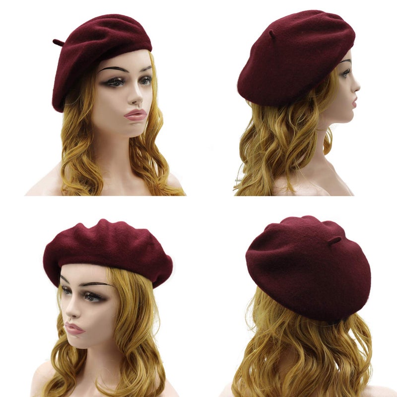 Wheebo Wool Beret Hat,Solid Color French Style Winter Warm Cap for Women Girls (Burgundy) - Image 3