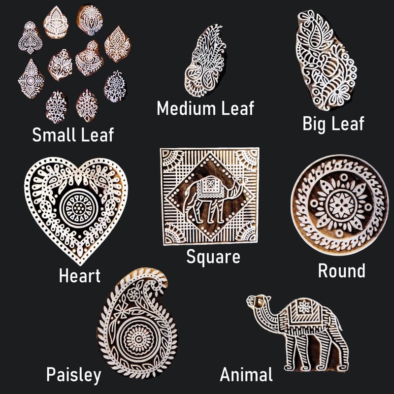 ecofynd Round Wood Block Stamps (Pack of 5), Wooden Blocks for Block Printing Stamp Set, Artistic Shapes Craft Kids Saree Border DIY Henna Fabric Textile Paper Clay Pottery Hand-Carved (BLOCK010) - Image 5