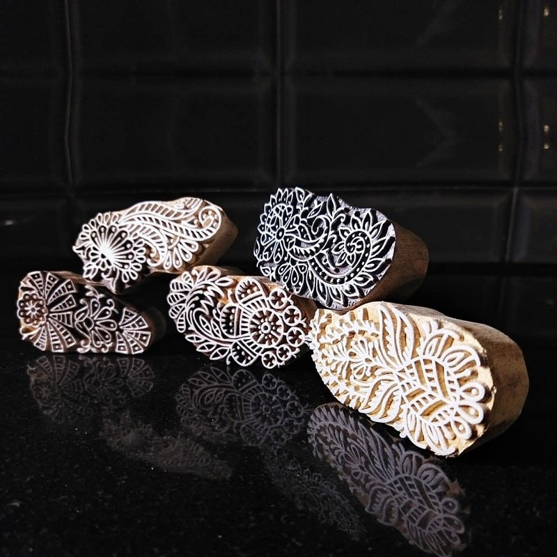 ecofynd Round Wood Block Stamps (Pack of 5), Wooden Blocks for Block Printing Stamp Set, Artistic Shapes Craft Kids Saree Border DIY Henna Fabric Textile Paper Clay Pottery Hand-Carved (BLOCK010) - Image 4
