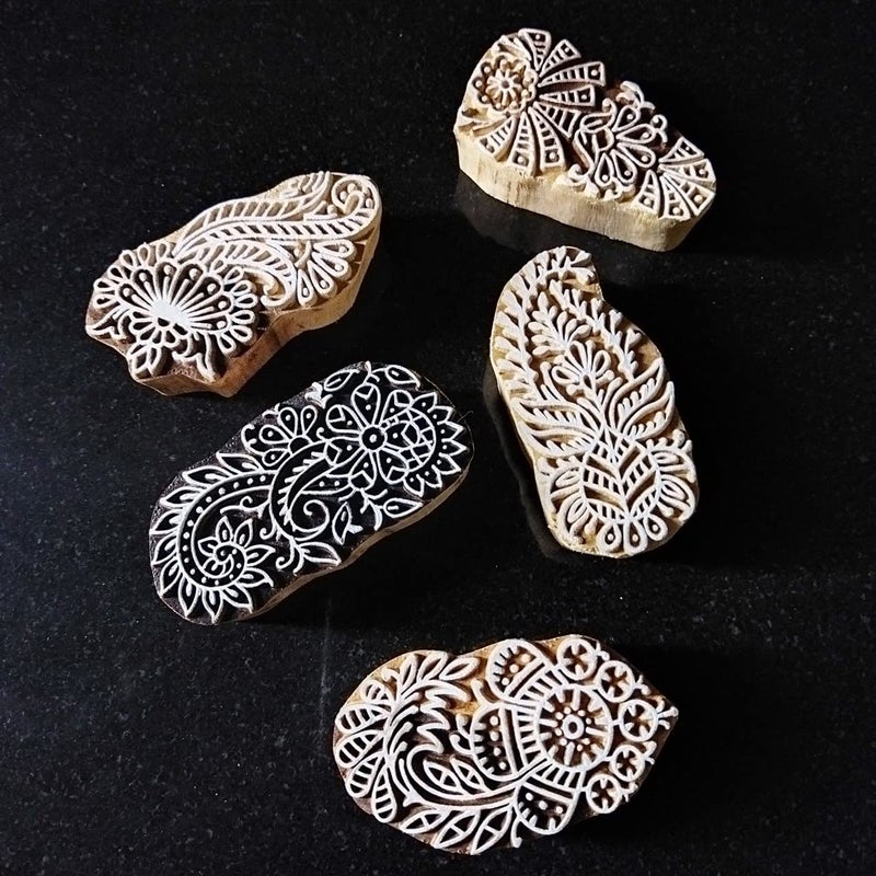 ecofynd Round Wood Block Stamps (Pack of 5), Wooden Blocks for Block Printing Stamp Set, Artistic Shapes Craft Kids Saree Border DIY Henna Fabric Textile Paper Clay Pottery Hand-Carved (BLOCK010) - Image 2