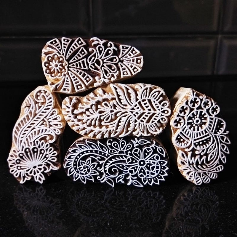 ecofynd Round Wood Block Stamps (Pack of 5), Wooden Blocks for Block Printing Stamp Set, Artistic Shapes Craft Kids Saree Border DIY Henna Fabric Textile Paper Clay Pottery Hand-Carved (BLOCK010) - Image 1