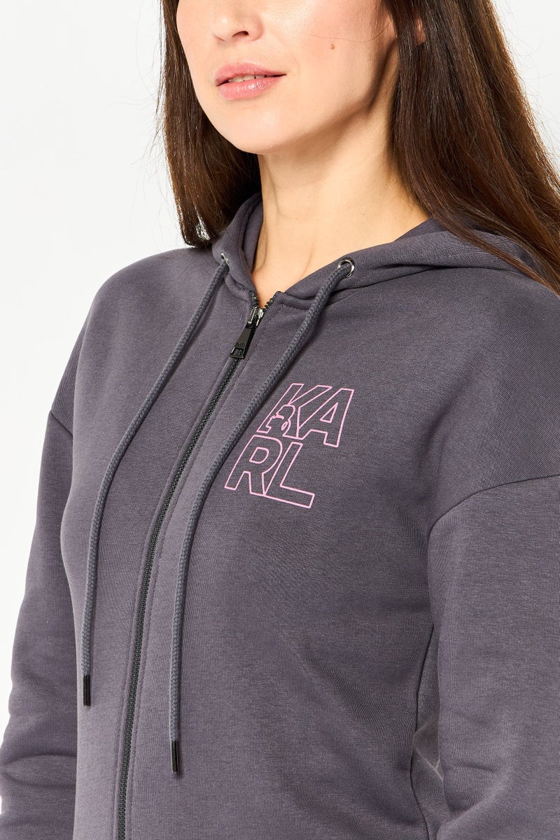 Karl Lagerfeld Women Brand Logo Full Zip Hoddie, Grey - Image 2