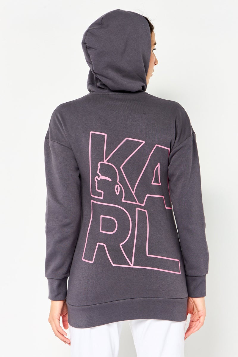 Karl Lagerfeld Women Brand Logo Full Zip Hoddie, Grey - Image 3