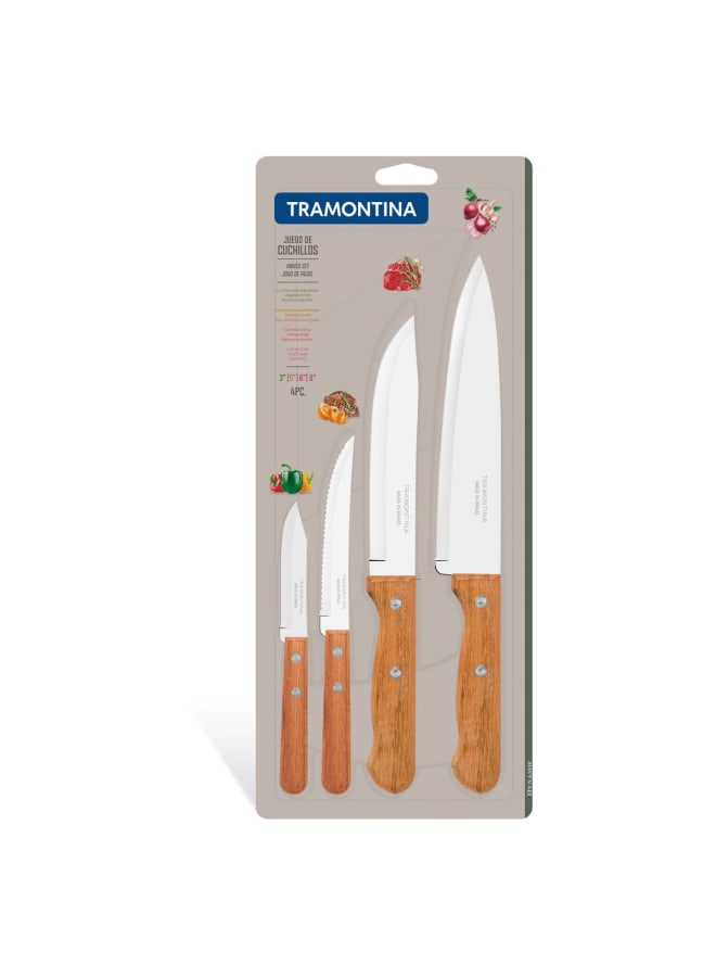 TRAMONTINA TRAMONTINA Dynamic 4-Piece Knife Set with Stainless Steel Blades, Ergonomic Natural Wood Handles, Includes Paring, Steak, Utility, and Chef Knives for Kitchen or Dining Use 