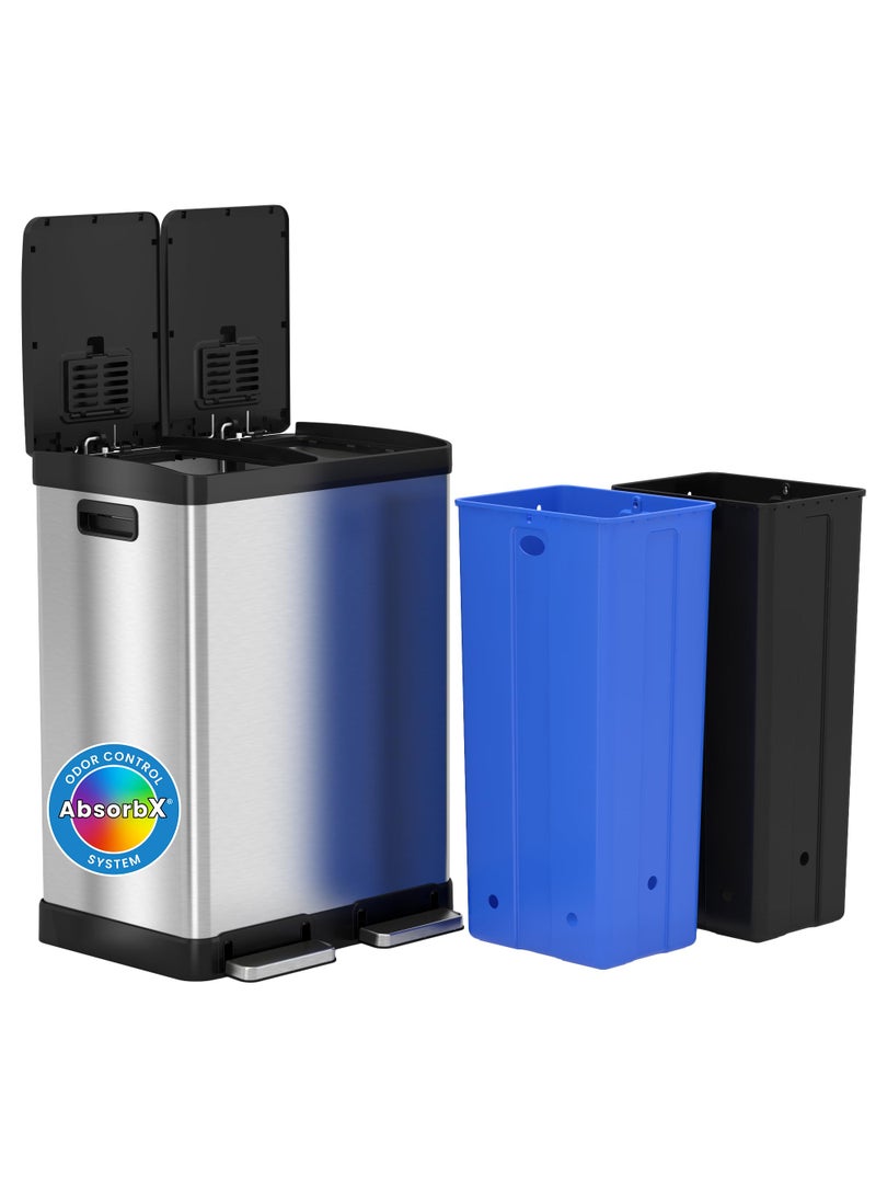 iTouchless iTouchless 16 Gallon Dual Trash Can  Recycling Bin SoftClose Lid Odor Filters Stainless Steel with 2 Separated 8 Gallon30 Liter Bins SpaceSaving Design HandsFree Foot Pedals for Home  Office 