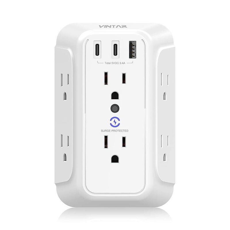 VINTAR Surge Protector Outlet Extender, 6 Outlet Splitter with 3 USB Charging Ports (2 USB C Ports), 900J Multi Plug Outlet Power Strip, 3-Sided USB Wall Charger for Home Office Dorm Room Essentials - Image 1