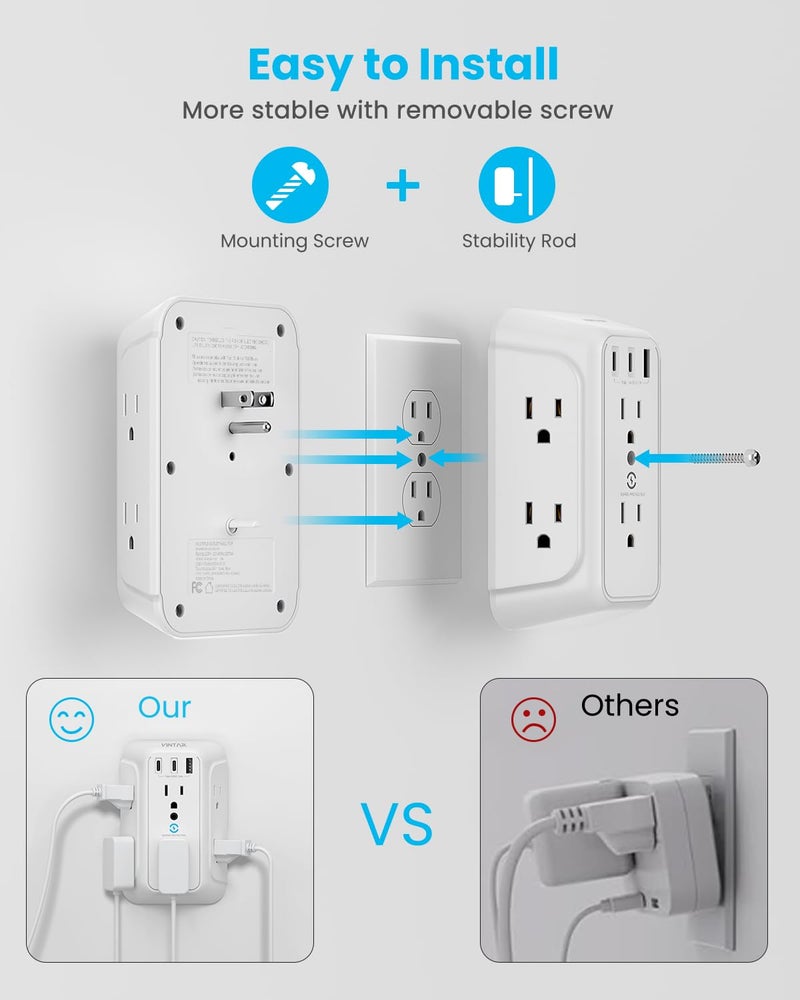 VINTAR Surge Protector Outlet Extender, 6 Outlet Splitter with 3 USB Charging Ports (2 USB C Ports), 900J Multi Plug Outlet Power Strip, 3-Sided USB Wall Charger for Home Office Dorm Room Essentials - Image 4