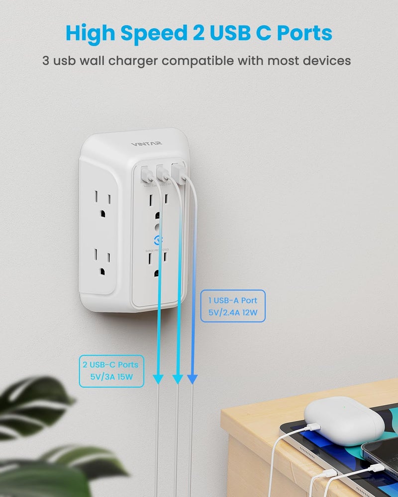 VINTAR Surge Protector Outlet Extender, 6 Outlet Splitter with 3 USB Charging Ports (2 USB C Ports), 900J Multi Plug Outlet Power Strip, 3-Sided USB Wall Charger for Home Office Dorm Room Essentials - Image 3