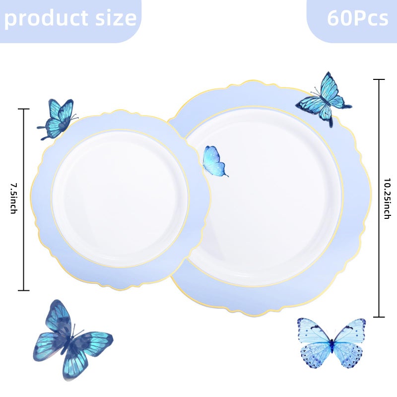 WDF أطباق زرقاء قابلة للتصرف 60 قطعة مع حافة ذهبية - أطباق حفلات بلاستيكية باللون الأزرق الفاتح لحفلات الزفاف/الحفلات/استحمام الأطفال/التخرج - Image 3