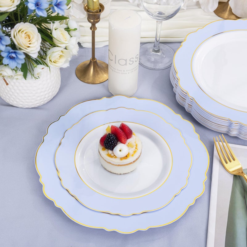 WDF أطباق زرقاء قابلة للتصرف 60 قطعة مع حافة ذهبية - أطباق حفلات بلاستيكية باللون الأزرق الفاتح لحفلات الزفاف/الحفلات/استحمام الأطفال/التخرج - Image 2