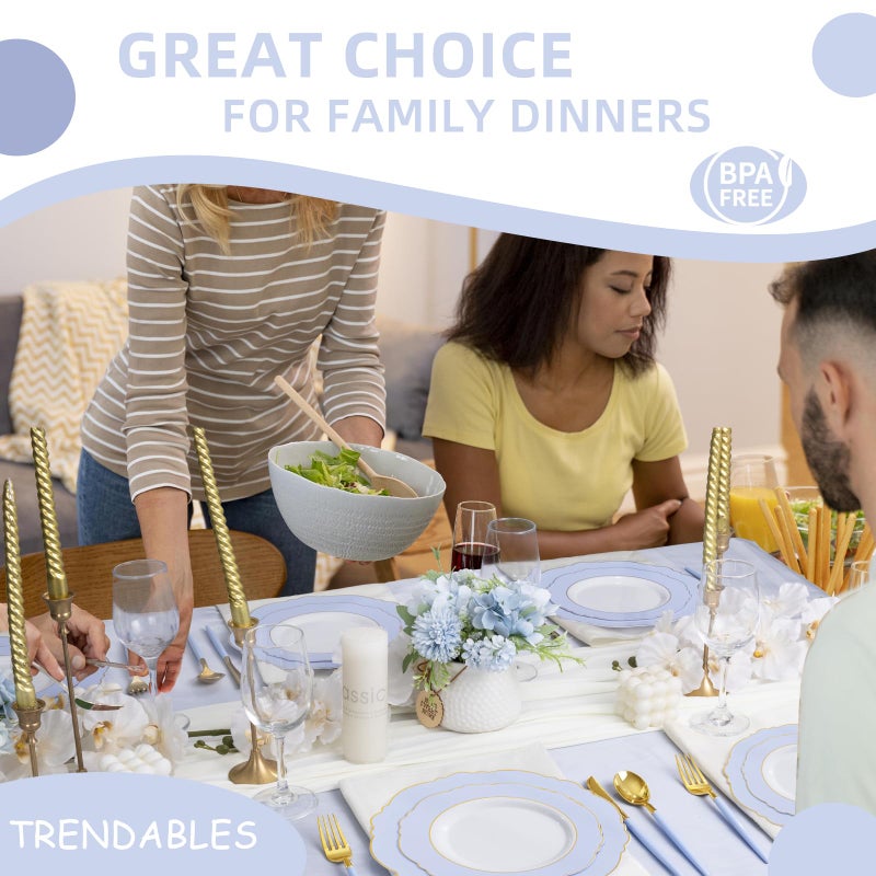 WDF أطباق زرقاء قابلة للتصرف 60 قطعة مع حافة ذهبية - أطباق حفلات بلاستيكية باللون الأزرق الفاتح لحفلات الزفاف/الحفلات/استحمام الأطفال/التخرج - Image 1