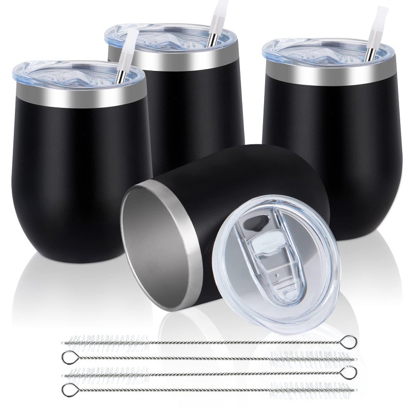 Reusable Coffee Cup Double Walled Insulated Travel Mug Vacuum Stainless Steel Wine Tumbler with Spill Proof Lid Great for Hot  Cold Drinks  Coffee Wine 12oz340ml 4 Piece Set Black