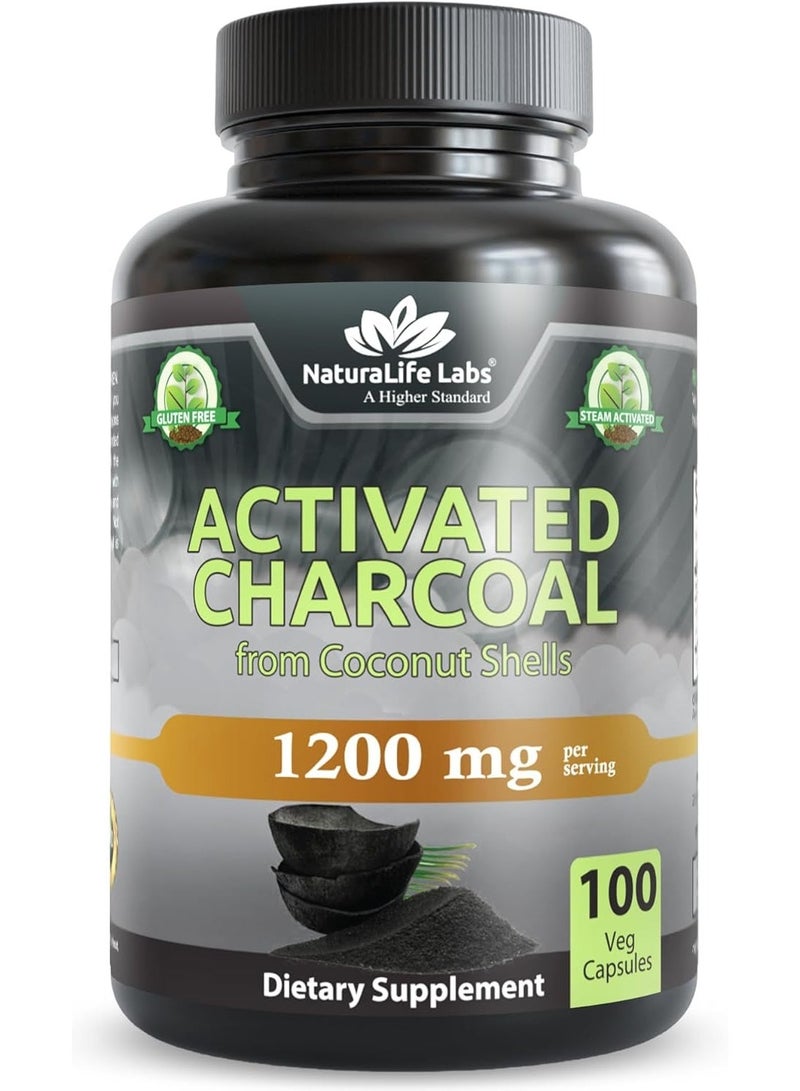 NaturaLife Labs Activated Charcoal Capsules - 1,200 mg Highly Absorbent Helps Alleviate Gas & Bloating Promotes Natural detoxification Derived from Coconut Shells - per Serving - 100 Vegan Capsules - Image 1