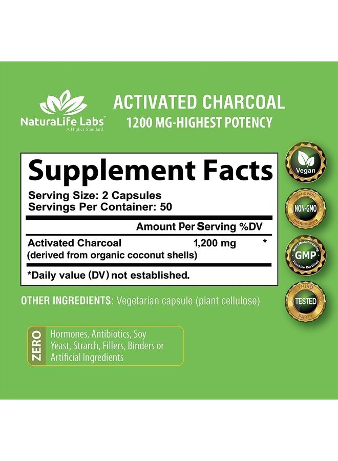 NaturaLife Labs Activated Charcoal Capsules - 1,200 mg Highly Absorbent Helps Alleviate Gas & Bloating Promotes Natural detoxification Derived from Coconut Shells - per Serving - 100 Vegan Capsules - Image 2