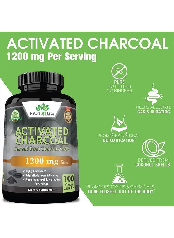 NaturaLife Labs Activated Charcoal Capsules - 1,200 mg Highly Absorbent Helps Alleviate Gas & Bloating Promotes Natural detoxification Derived from Coconut Shells - per Serving - 100 Vegan Capsules - Image 3
