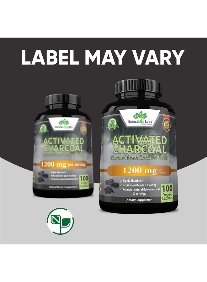 NaturaLife Labs Activated Charcoal Capsules - 1,200 mg Highly Absorbent Helps Alleviate Gas & Bloating Promotes Natural detoxification Derived from Coconut Shells - per Serving - 100 Vegan Capsules - Image 5