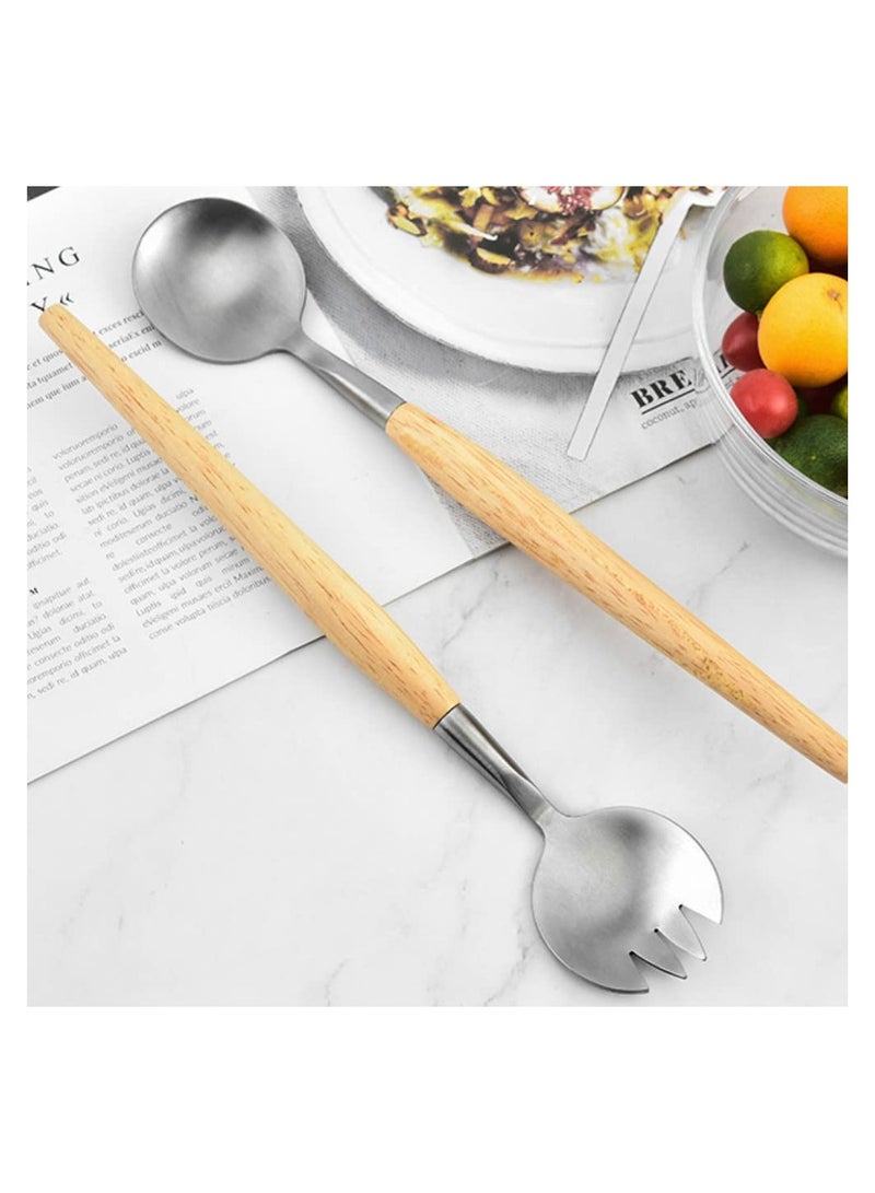 2 Pcs Salad Servers Set, Long Handle Salad Mixing Dinner Fork and Spoon Tableware Cutlery Set Kitchen Utensil Salad Spoon with Wooden Handle for Fruits Parties Meals  - Image 2