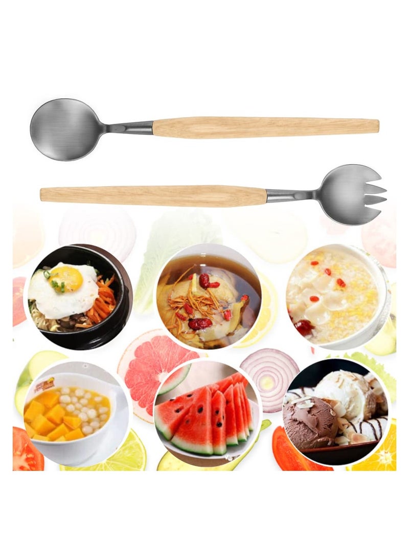 2 Pcs Salad Servers Set, Long Handle Salad Mixing Dinner Fork and Spoon Tableware Cutlery Set Kitchen Utensil Salad Spoon with Wooden Handle for Fruits Parties Meals  - Image 5