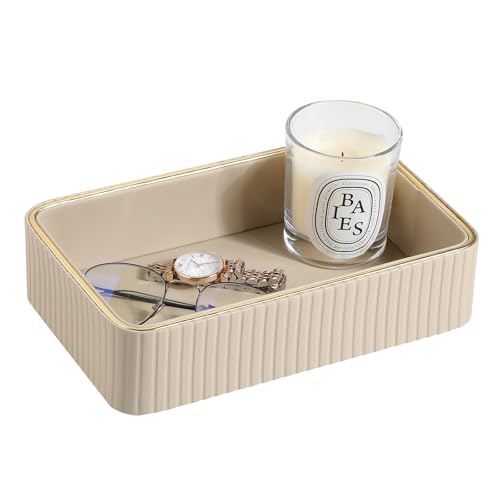 MEIBOOCH Desk Organizer Tray PU Leather Nightstand Organizer Perfume Valet Tray for Men Women Decorative Vanity Trays Trinket Dish Key Bowl for Entryway Table Beige Small - Image 1