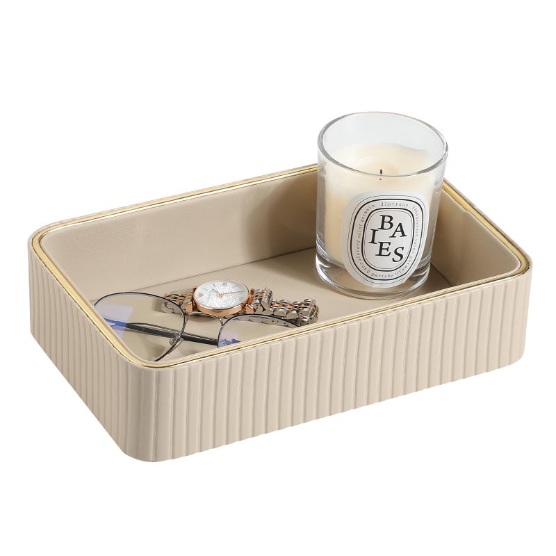 MEIBOOCH Desk Organizer Tray PU Leather Nightstand Organizer Perfume Valet Tray for Men Women Decorative Vanity Trays Trinket Dish Key Bowl for Entryway Table Beige Small - Image 2