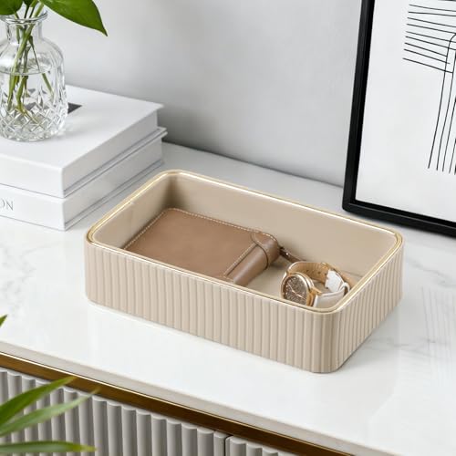 MEIBOOCH Desk Organizer Tray PU Leather Nightstand Organizer Perfume Valet Tray for Men Women Decorative Vanity Trays Trinket Dish Key Bowl for Entryway Table Beige Small - Image 3