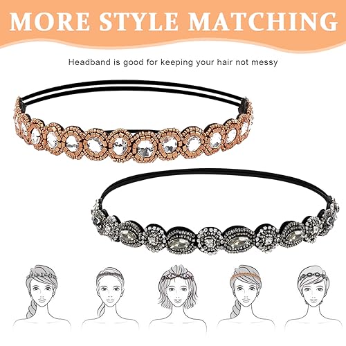 PALAY® 2pcs Beaded Headband for Women, Crystal Rhinestone Elastic Hair Bands Fashion Handmade Headband for Girls Ladies Gift - Image 4