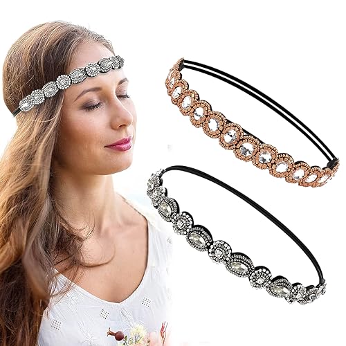 PALAY® 2pcs Beaded Headband for Women, Crystal Rhinestone Elastic Hair Bands Fashion Handmade Headband for Girls Ladies Gift - Image 1