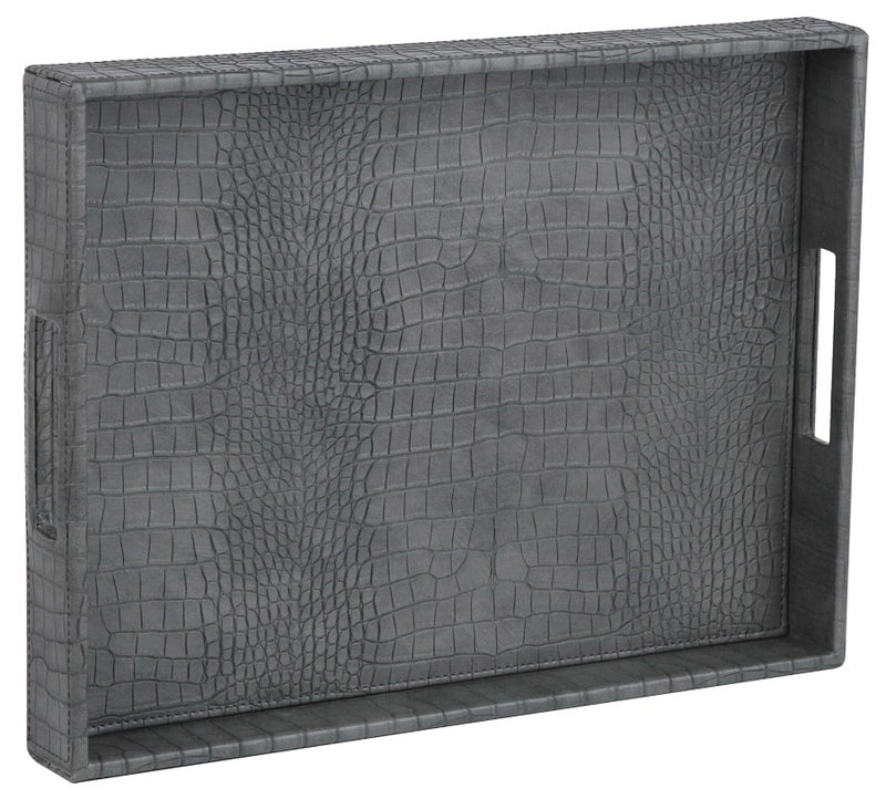 HofferRuffer Rectangle Serving Tray with Hole Handles for Coffee Table, Breakfast, Tea, Food, Butler - Countertop, Kitchen, Vanity Serve Tray, 16.2 x 12.2 x 2 inches, Faux Leather Tray (Dark Grey) - Image 1