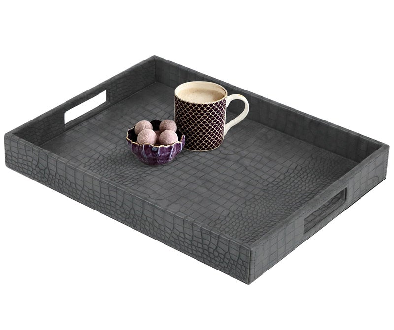 HofferRuffer Rectangle Serving Tray with Hole Handles for Coffee Table, Breakfast, Tea, Food, Butler - Countertop, Kitchen, Vanity Serve Tray, 16.2 x 12.2 x 2 inches, Faux Leather Tray (Dark Grey) - Image 3